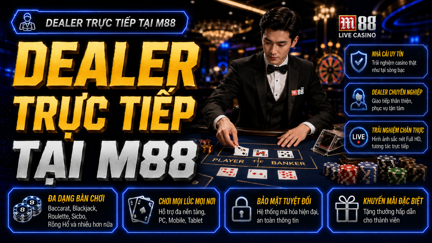 Live casino M88 có dealer trực tiếp tạo cảm giác chân thật